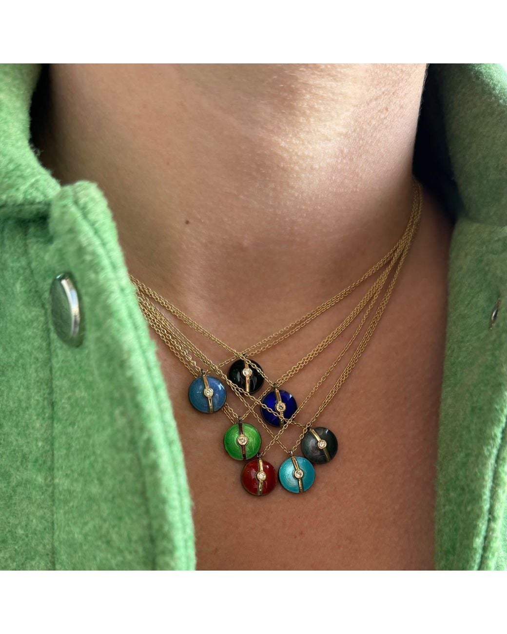 Ecce | Artisan Diamonds Metallic Enamelled Mini Diamond Buttons 14K Solid Necklace