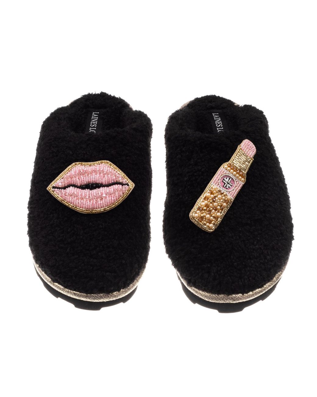 Laines London Black Teddy Closed Toe Slippers With Lipstick & Lips Brooches