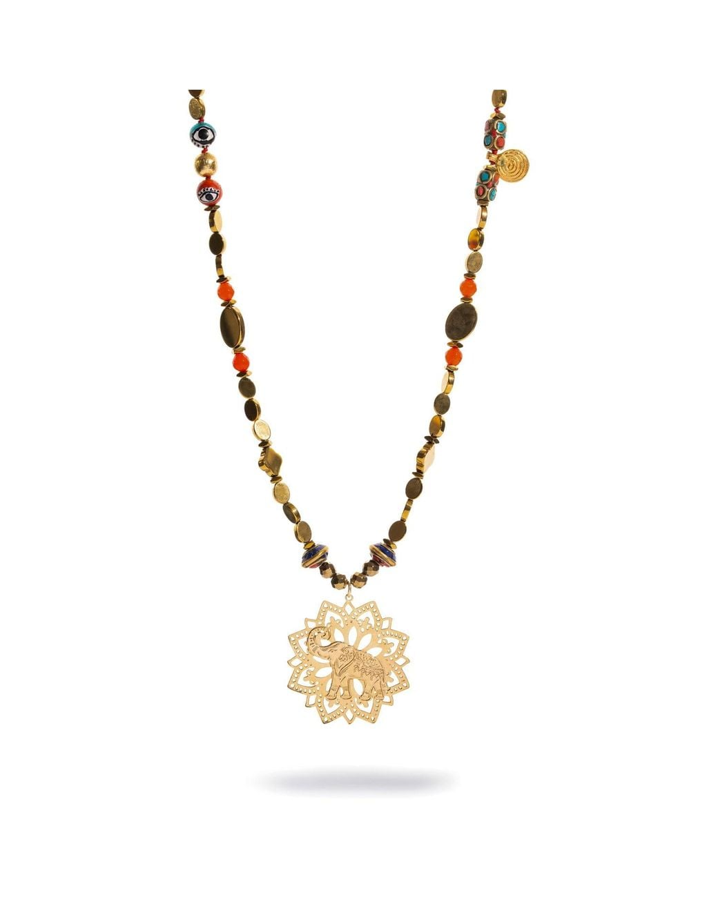 Ebru Jewelry Metallic Elephant Mandala Talisman Beaded Necklace