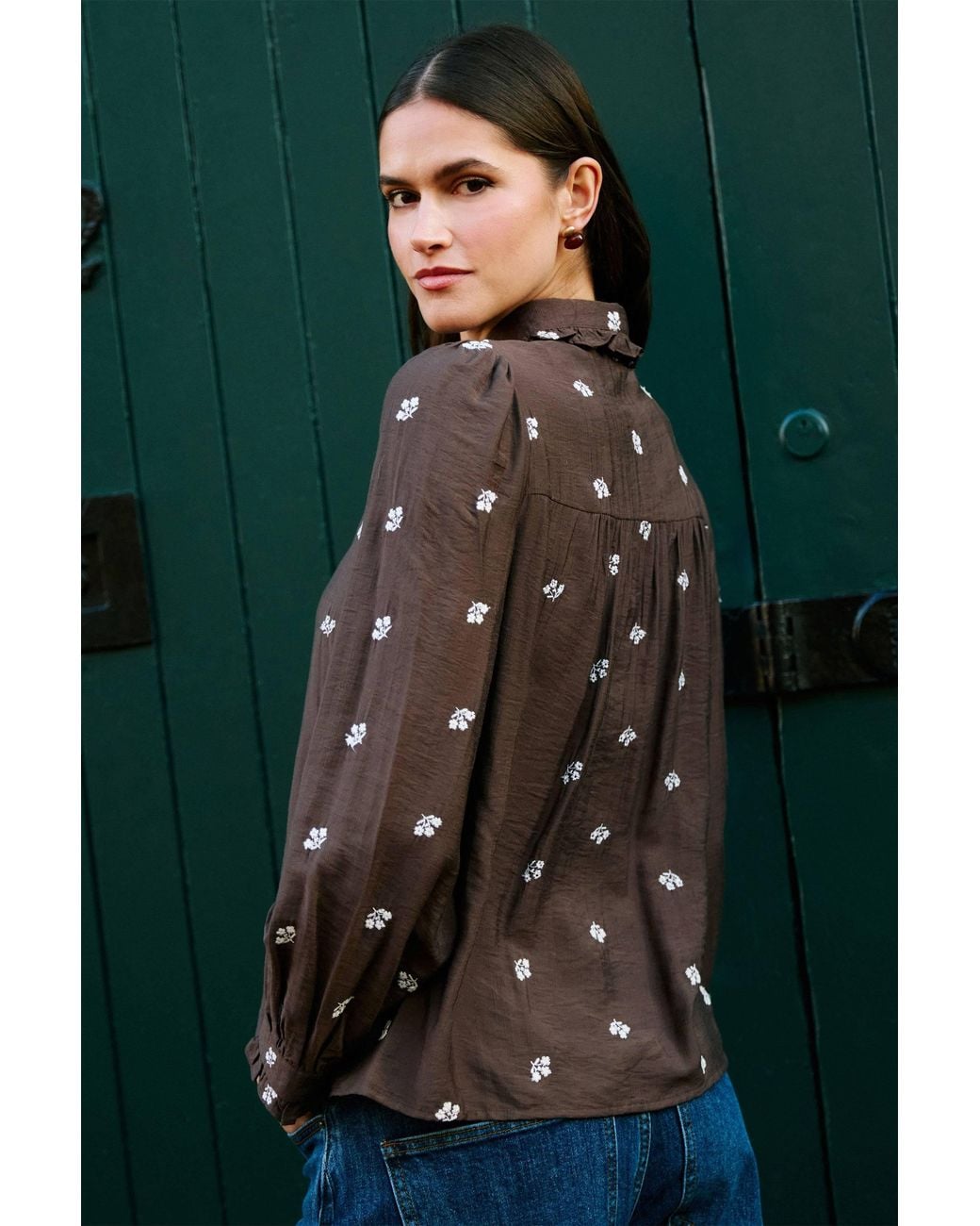 Yumi' Brown Viscose Daisy Embroidered Shirt