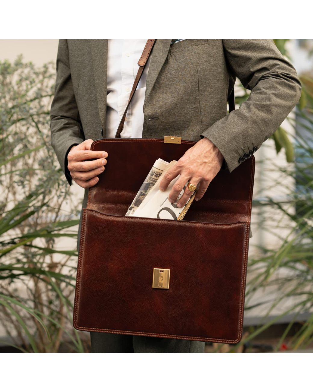 Time Resistance Brown Leather Briefcase for men