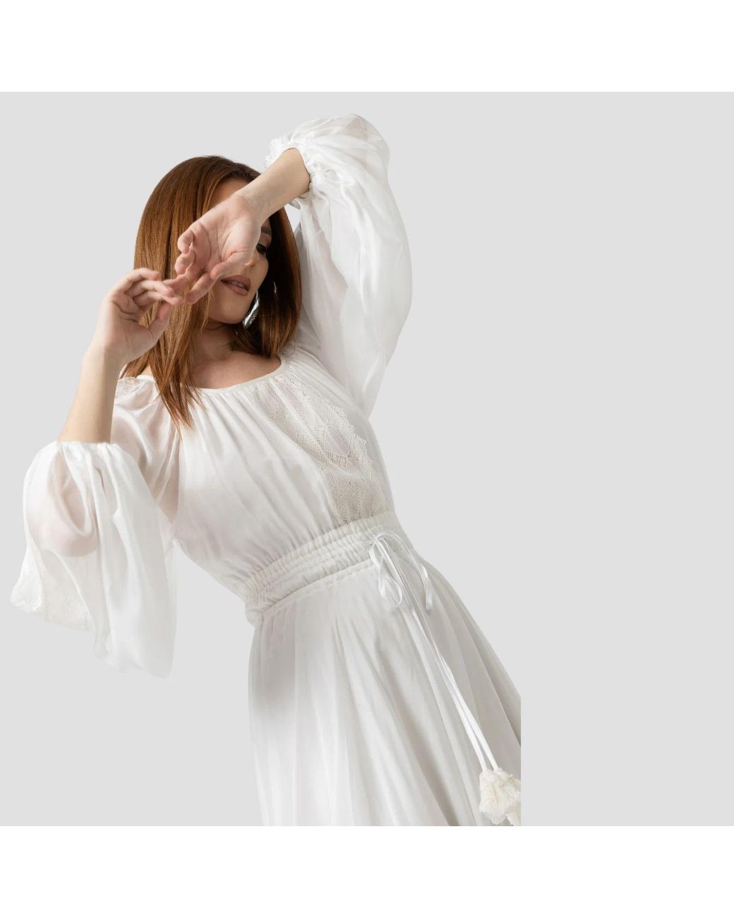 IZABELA MANDOIU White Midi Silk Voile Dress With Macramé Insets And Adjustable Waist