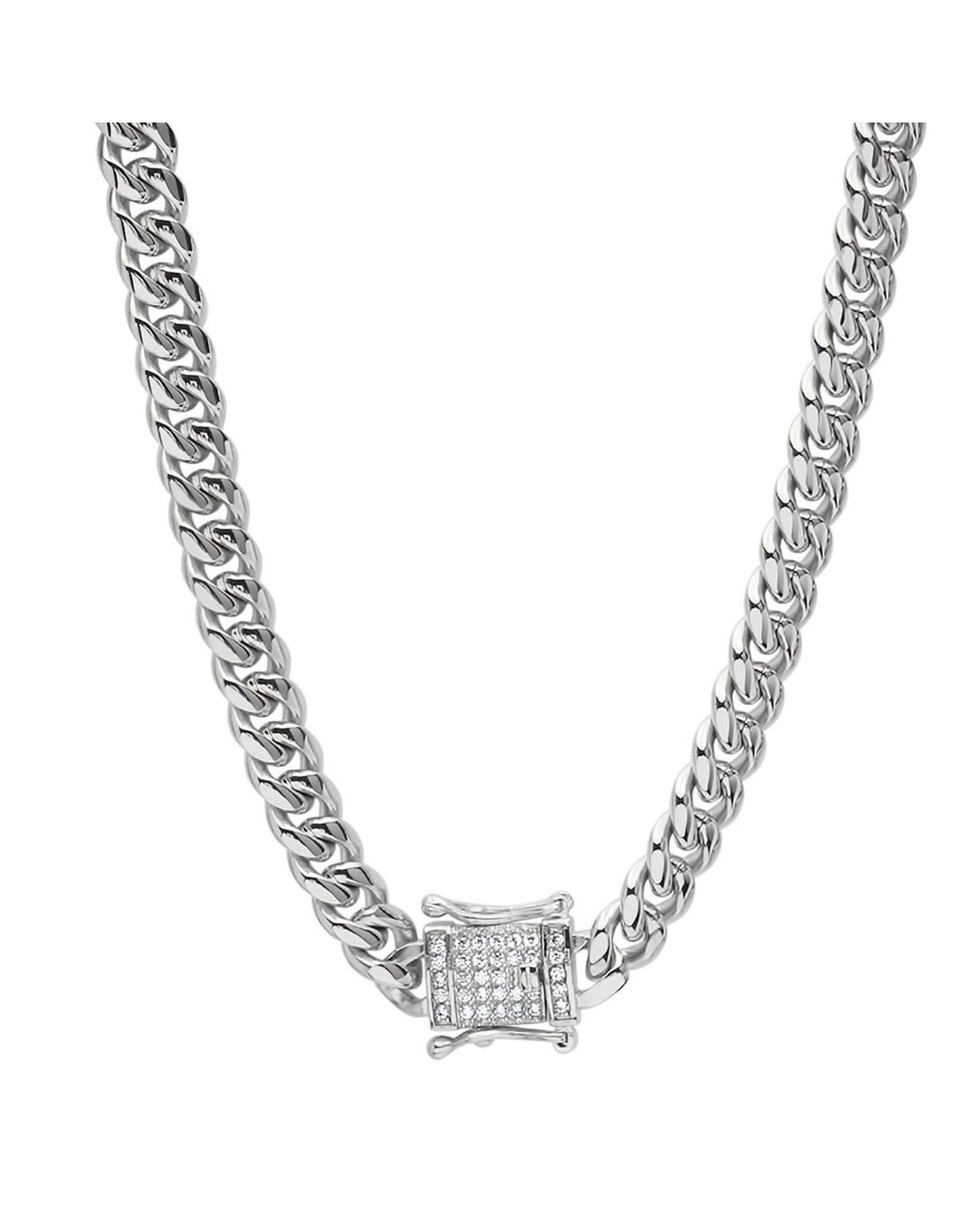 Steeltime Metallic Stainless Steel 8Mm Miami Cuban Necklace Chain With Cz Box Clasp 24 Inch for men
