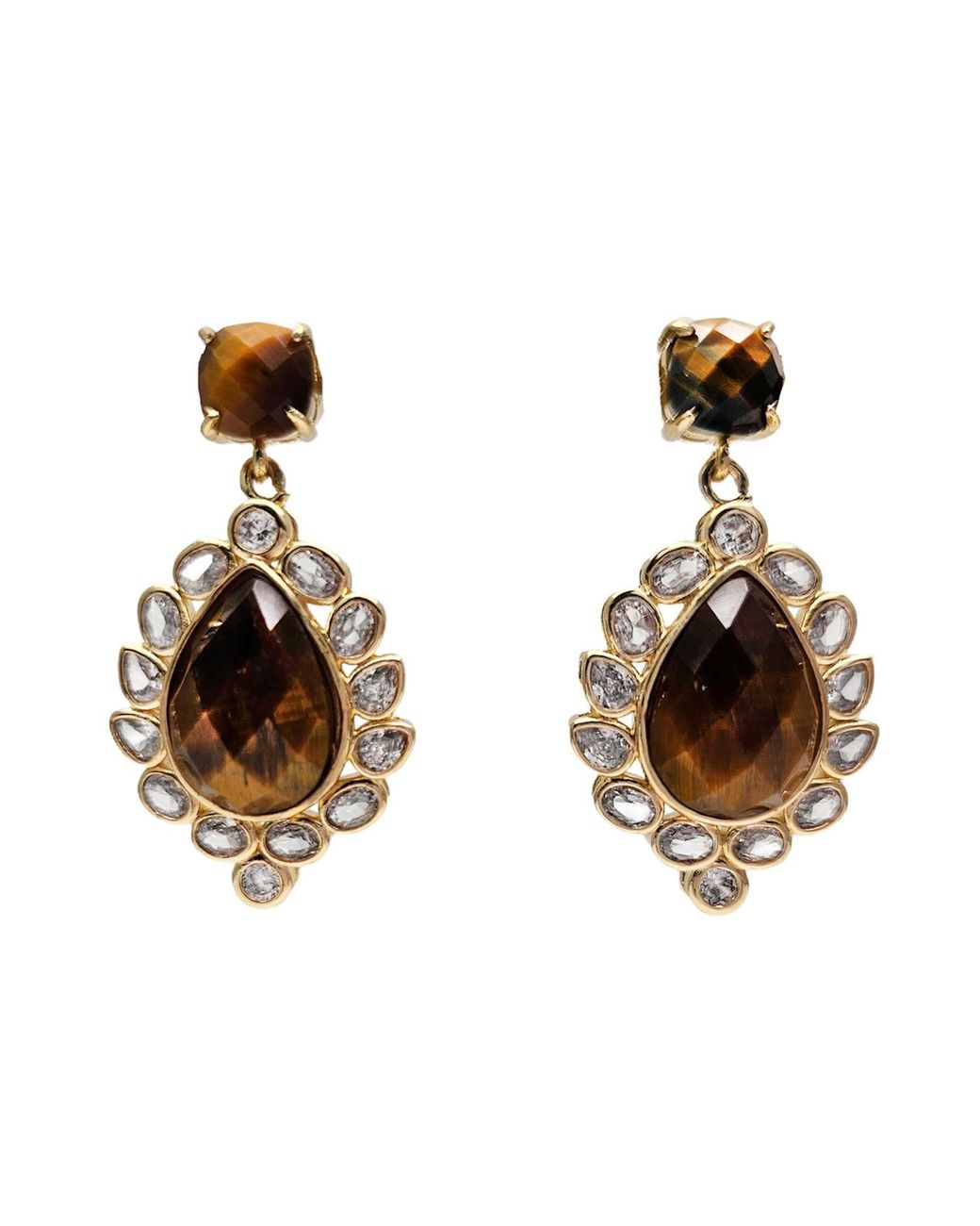 Farra Metallic Tiger Eye Stone With Zircon Statement Earrings