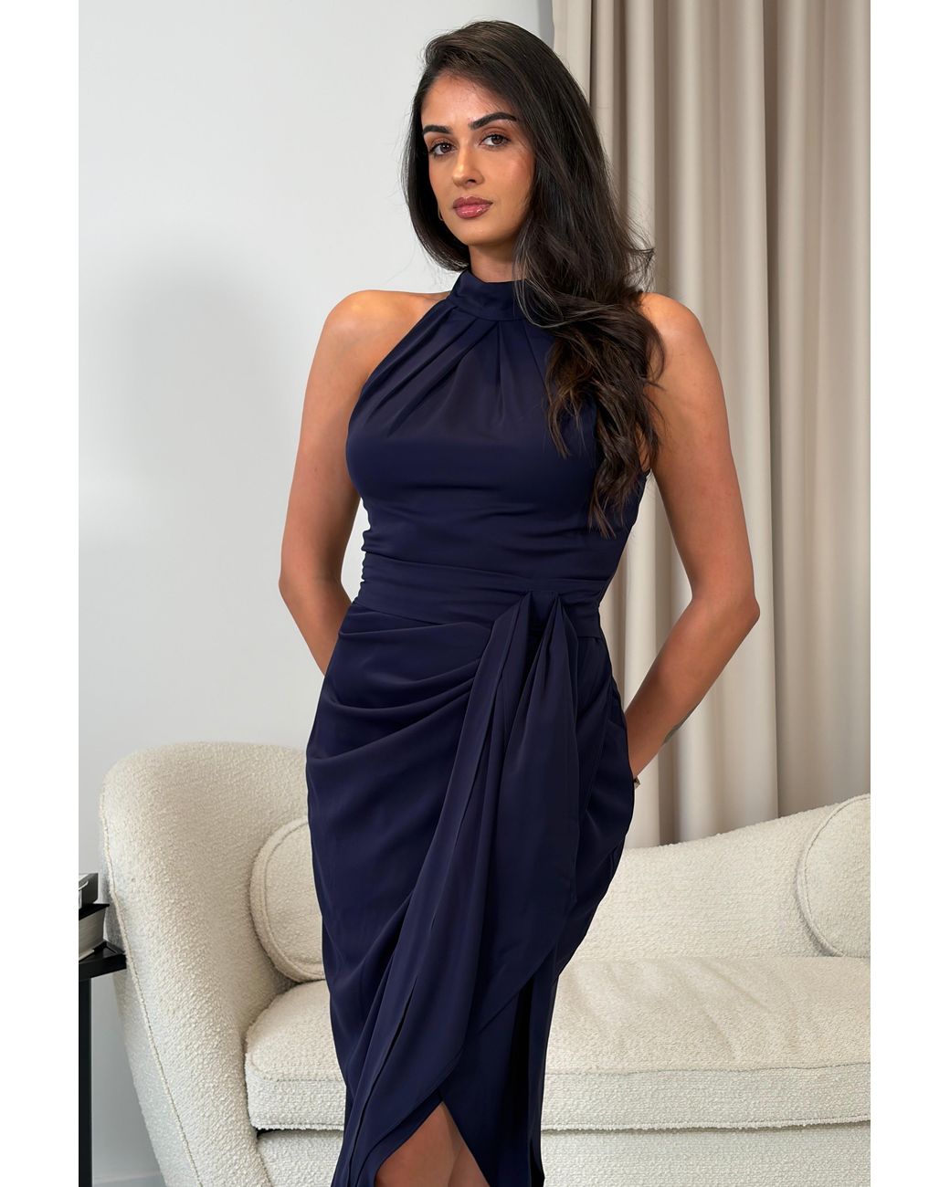 Girl In Mind Blue Priya Tie Waist Halter Neck Midi Dress