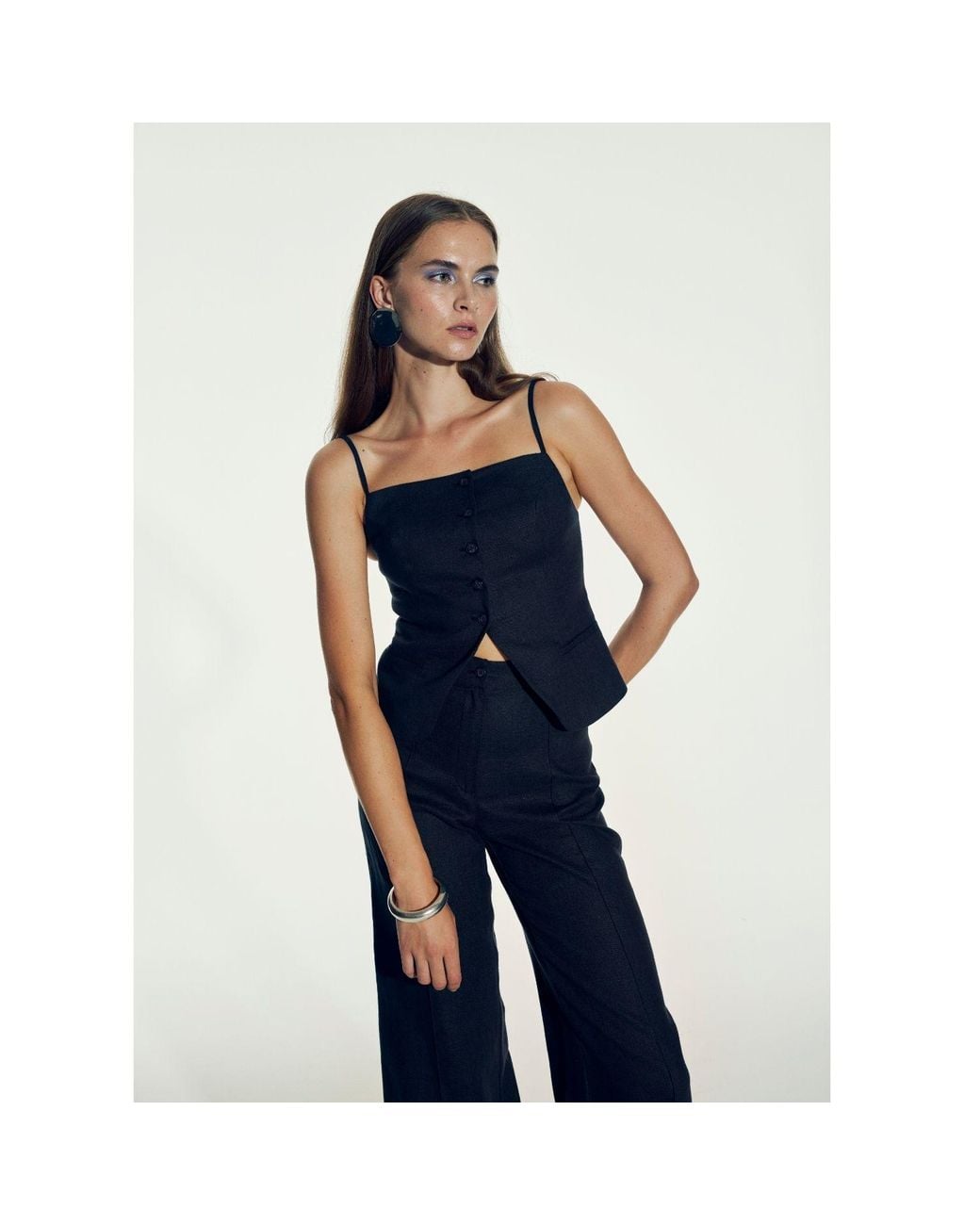 NAZLI CEREN Blue Marona Linen Top