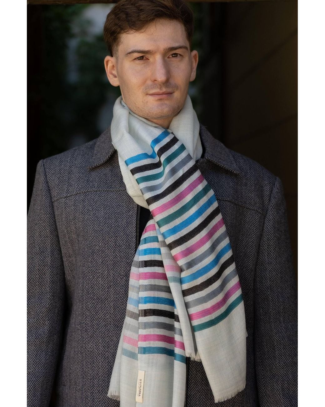 Stovaria Blue Ivory Stripe Cashmere Scarf for men