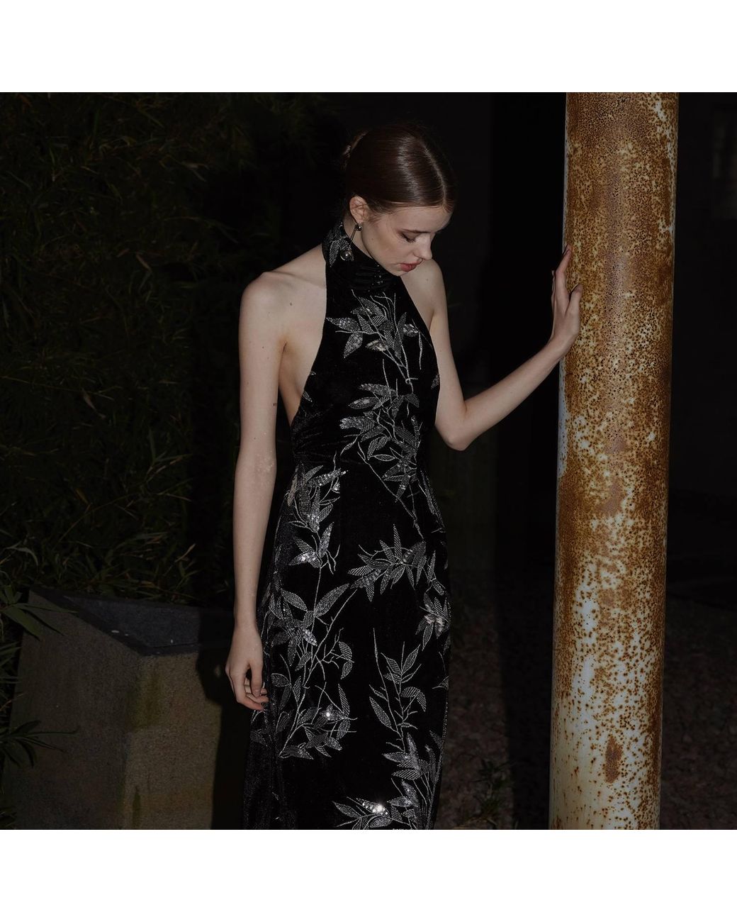 Belsize25 Black Bamboo Leaf Beaded Embroidered Halterneck Gown