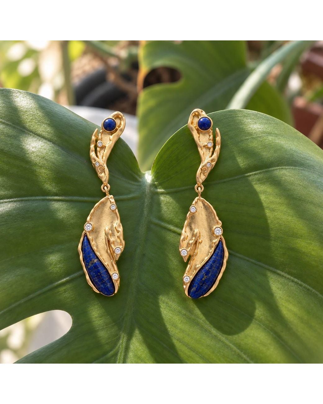 Rare Matters Jewelry Blue Sculptural Lapis Leaf Drop Cz Organic Earrings
