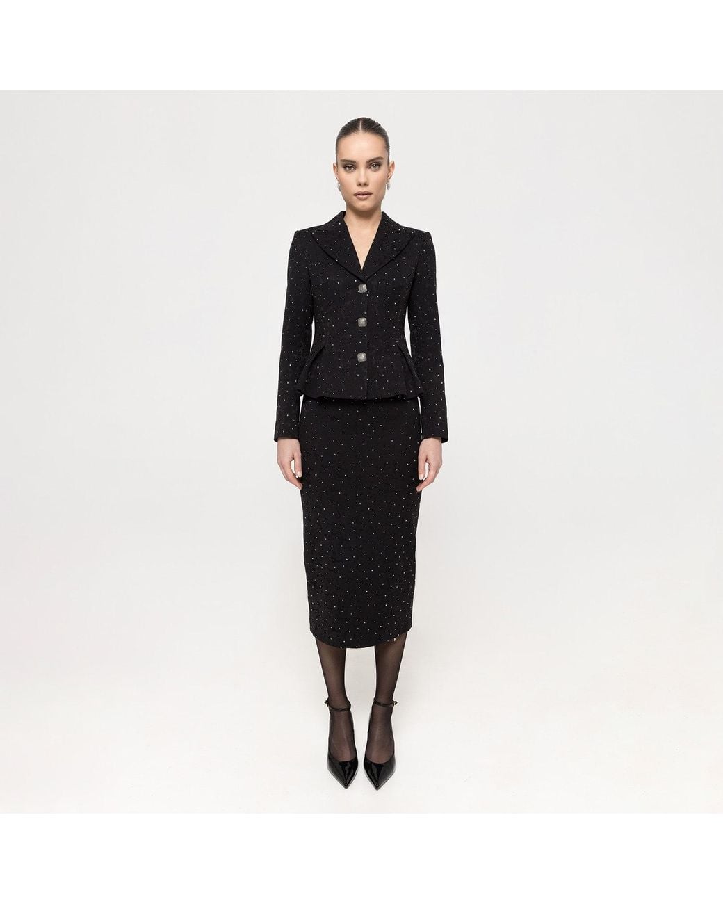 Nissa Black Rhinestone-Embellished Brocarde Blazer