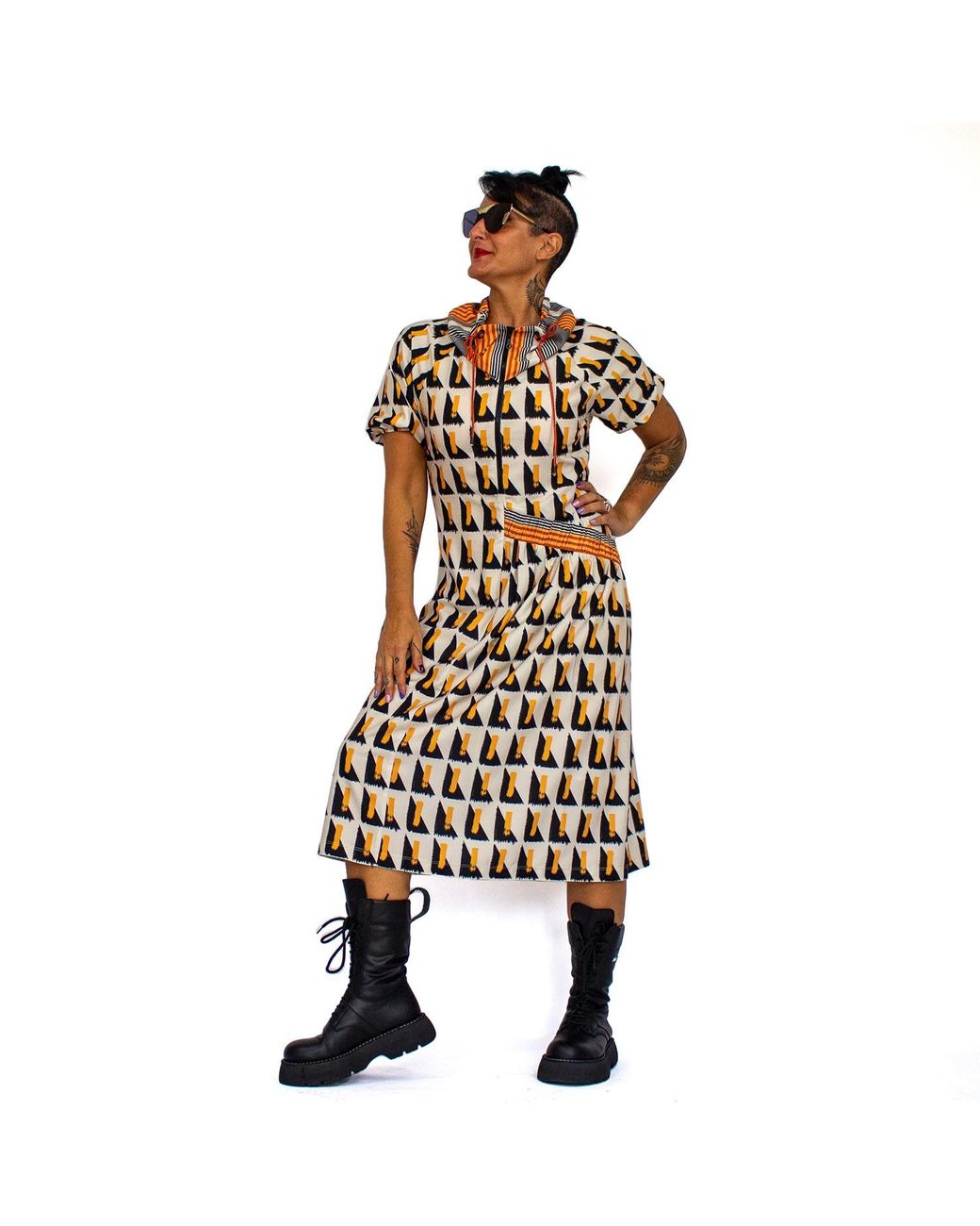 Lalipop Design Multicolor Geometric Print Midi Dress With Puff Sleeve