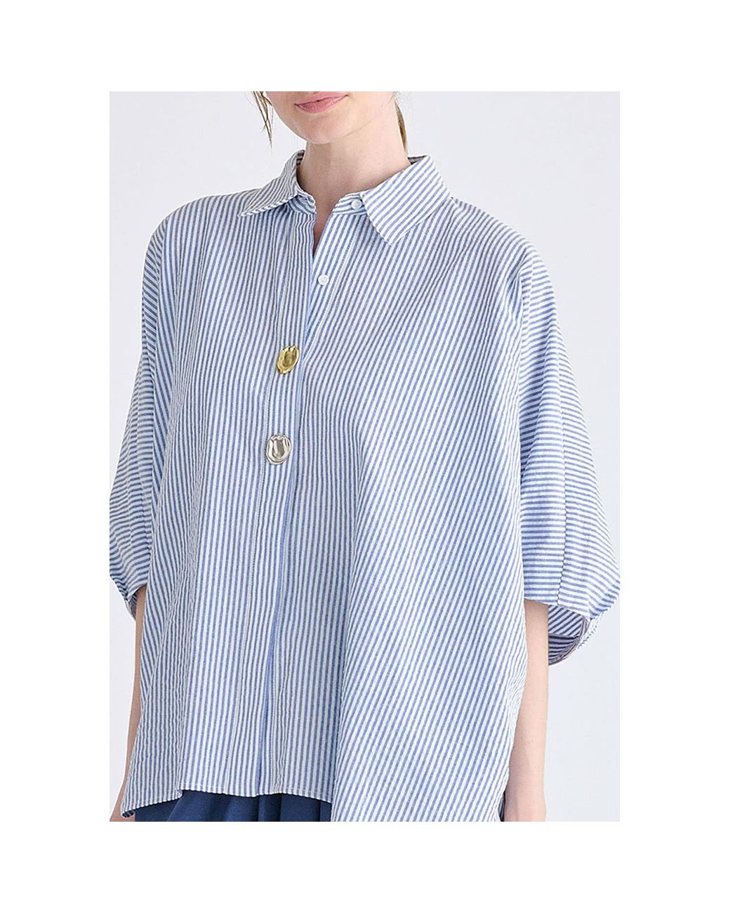 Paisie Blue Metallic Button Details Oversized Blouse