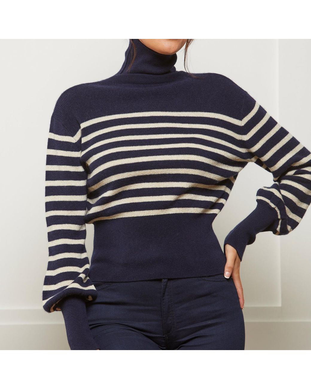 Guinea London Blue Cream Lurex Stripe Cashmere Roll Neck Jumper