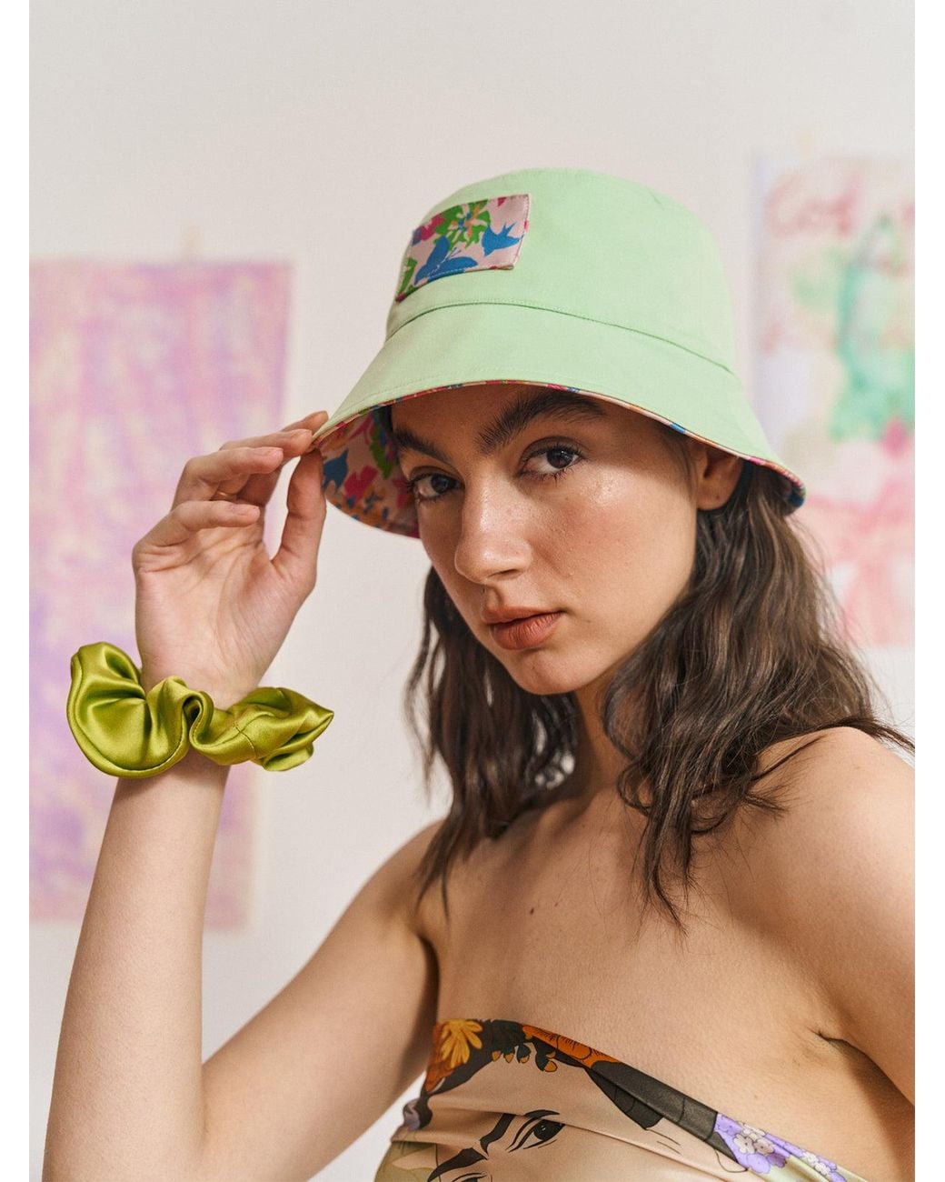 Lost Pattern Green Silken Hair Silk Scrunchie Hair Tie