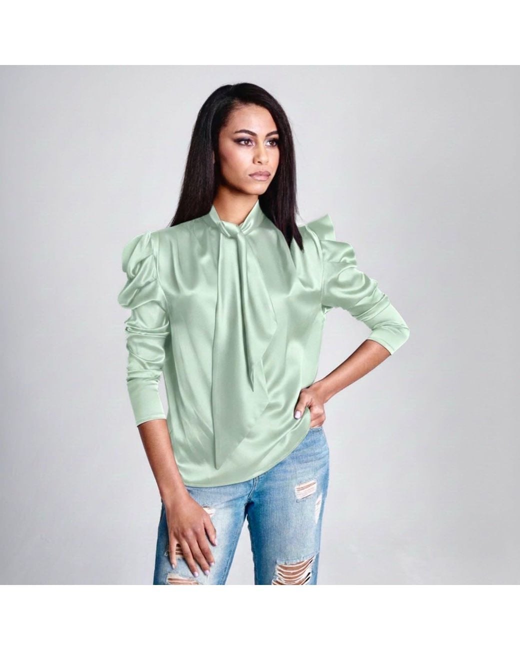 Imaatu Green Water Mint Silk Satin Tie-Neck Blouse – Elegant Evening Statement