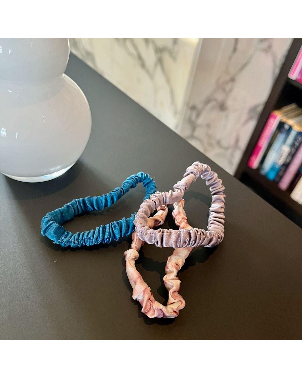 Soft Strokes Silk Blue Set Of Three Pure Mulberry Silk Skinny Scrunchies Weekly Special Hair Ties Pastel Leopard