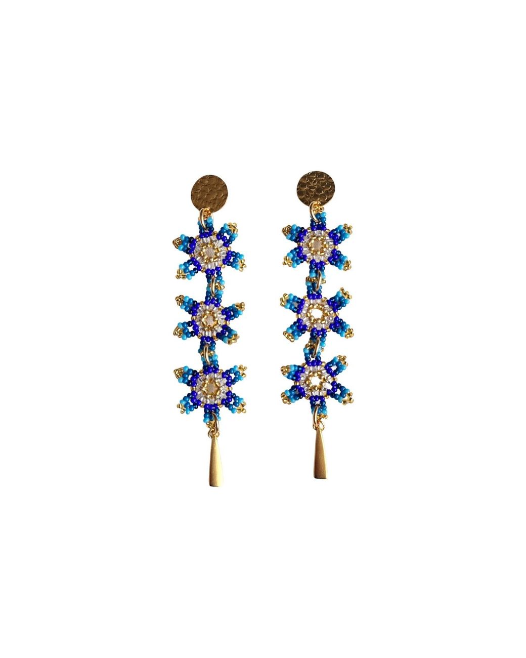 Iliana Arrazola Blue Waterfall Blossom Three Flowers, Dangle Earrings, Glass Beads, Beaded Jewelry