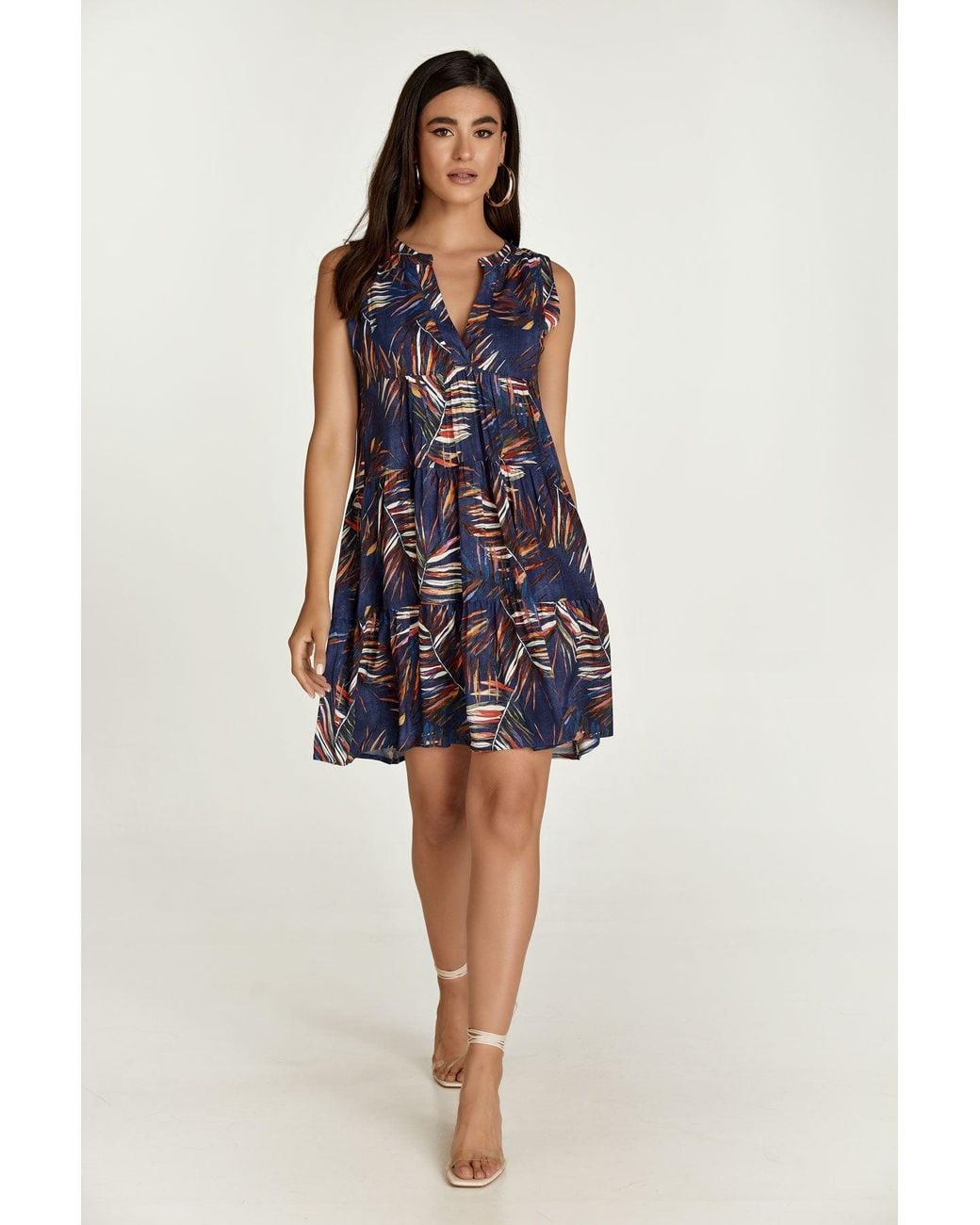 Conquista Blue Sleeveless Leaf Print A Line Dress