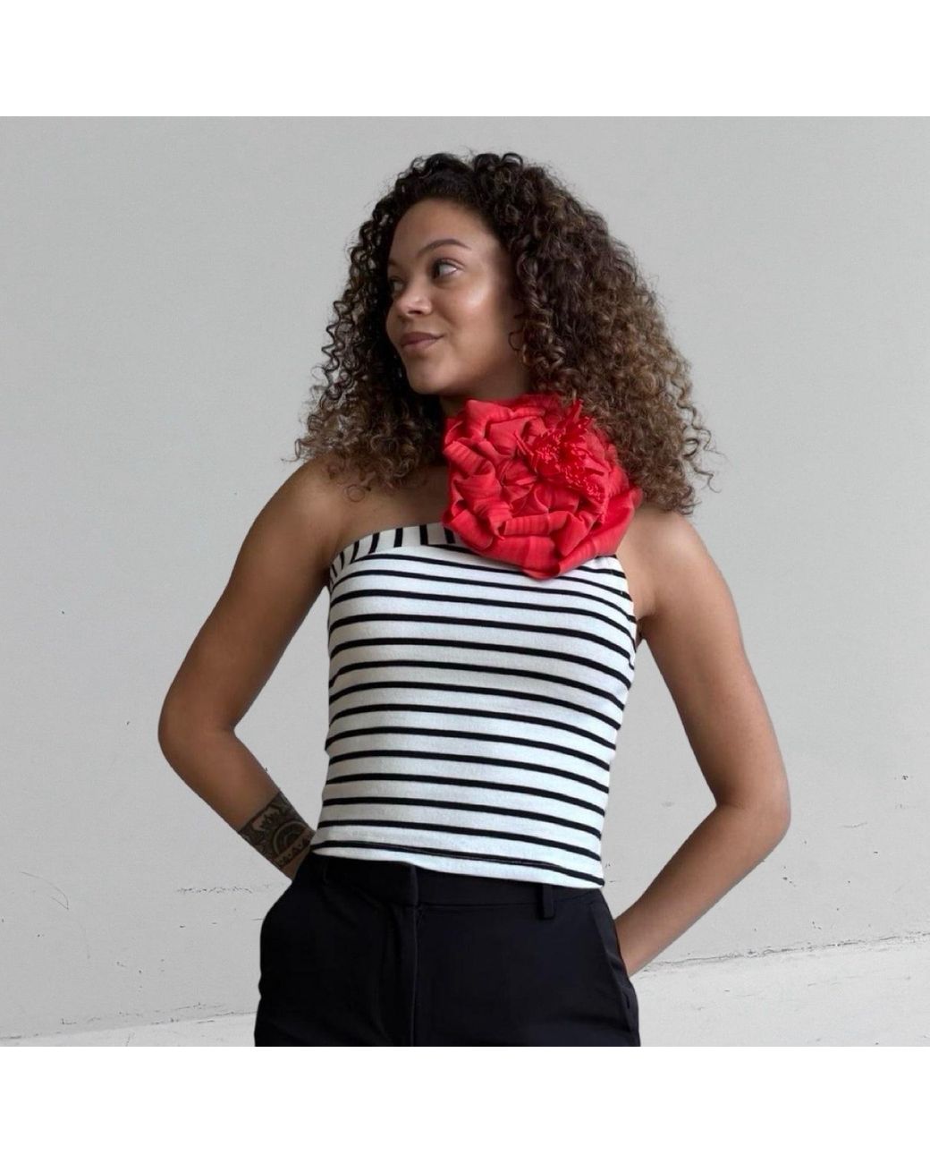 London Atelier Byproduct Red Striped One Shoulder Top With Flower Pin