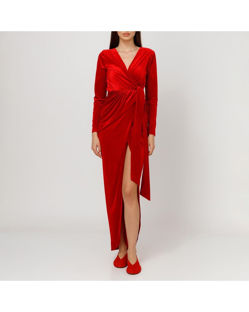 LIA ARAM Red Belted V-Neck Wrap Gown