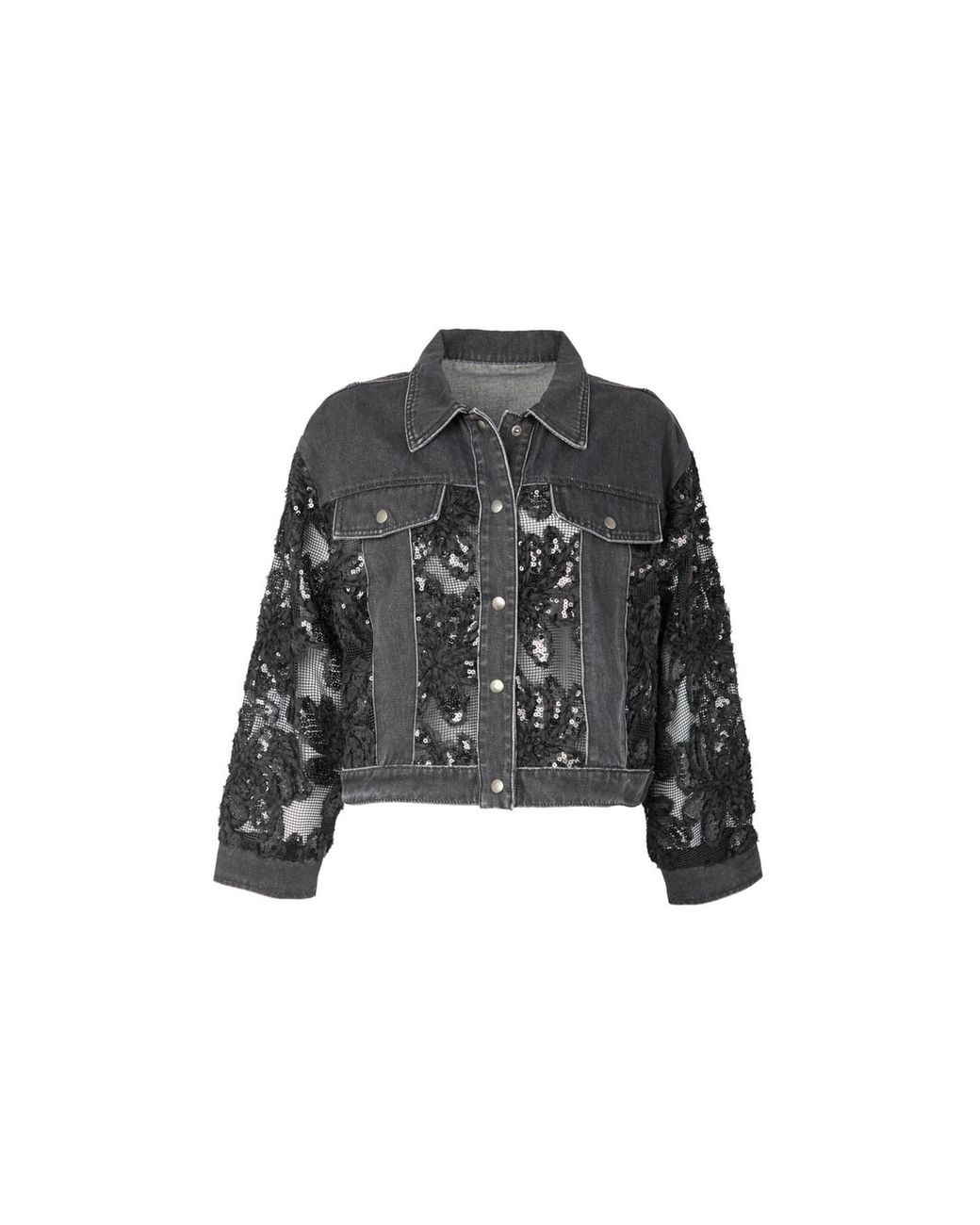 Saachi Black Denim Sequin Soft Lace Jacket