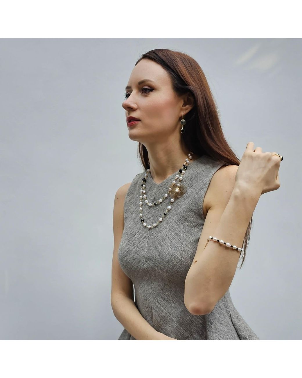Farra White Freshwater Pearls And Obsidian With Flower Charm Long Necklace