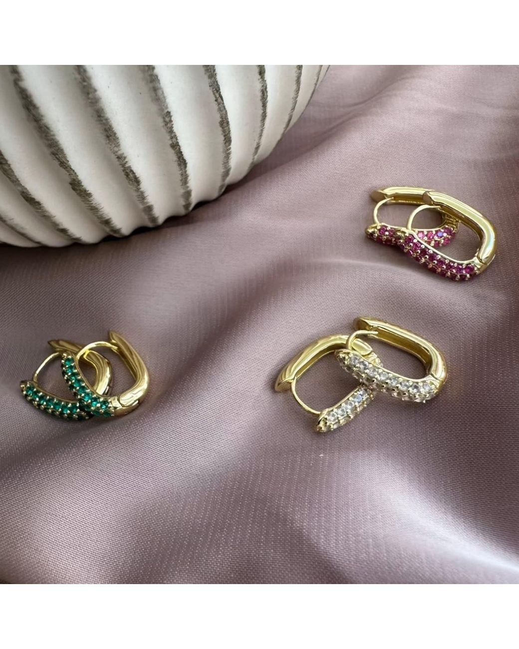 Clemence Wren Metallic Oval Pave Gemstone Huggie Earrings