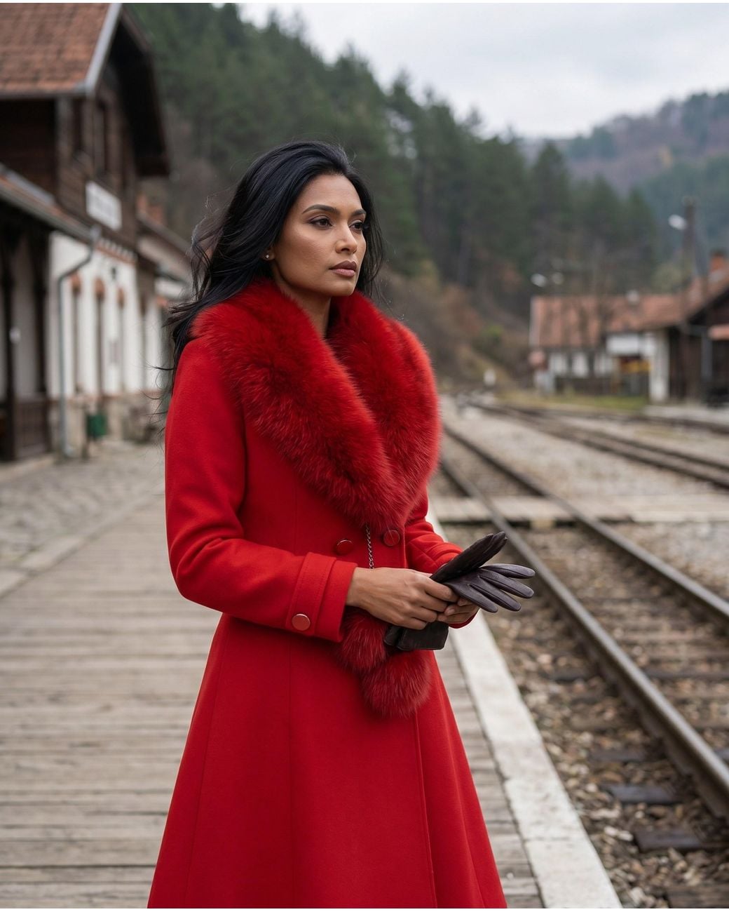 Luna Fashion House Red Wool Coat With Fur Collar, Lucy
