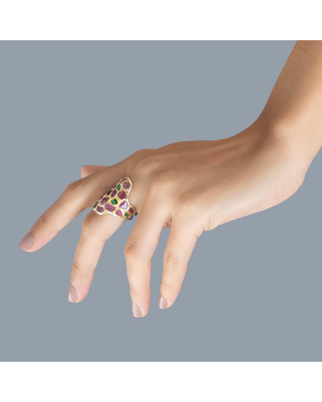 German Kabirski Pink Kelea Handcrafted Plated Ring With Raw Spinel And Tsavorite Garnet
