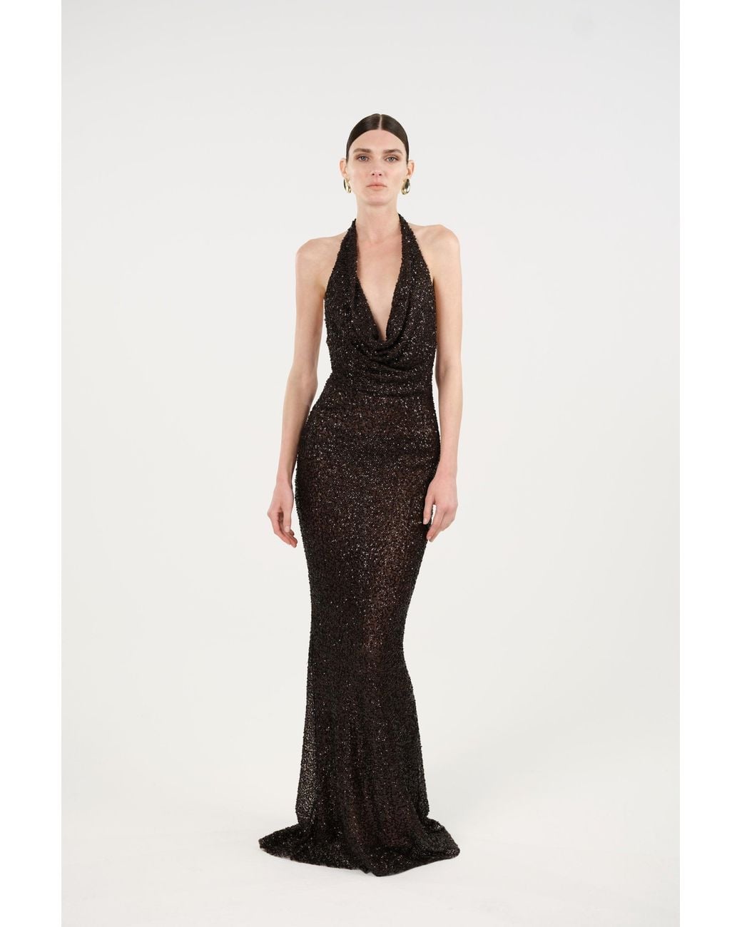 Nocturne Brown Off-Shoulder Sequin Embellished Maxi Dress