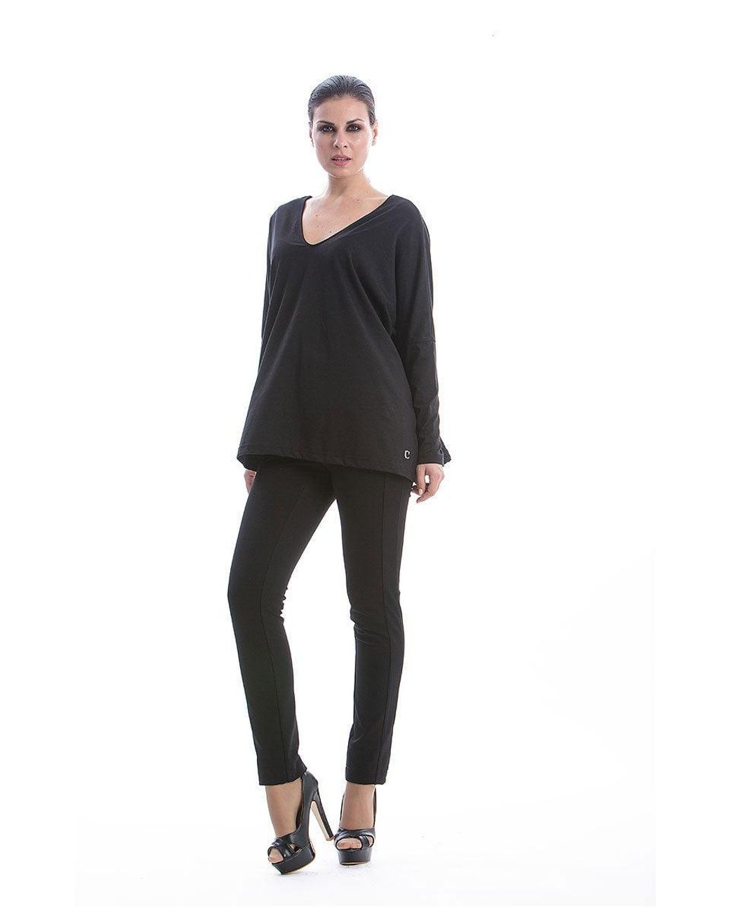 Conquista Black Loose Fit Long Sleeve V Neck Top By Fashion