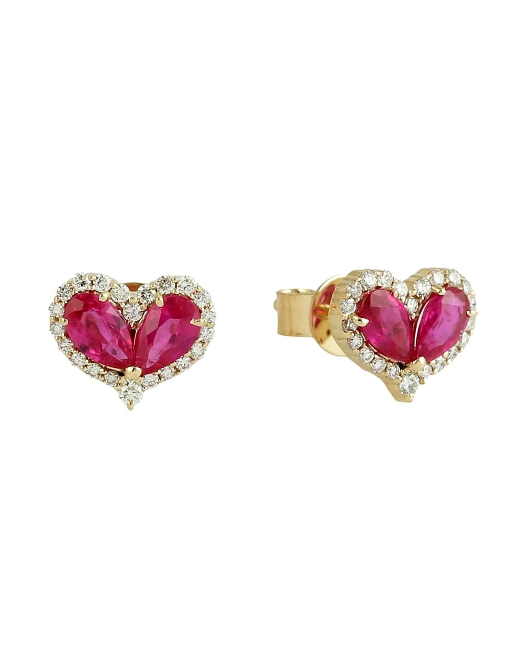 Artisan Pink Natural Ruby & Diamond Heart Stud Earrings