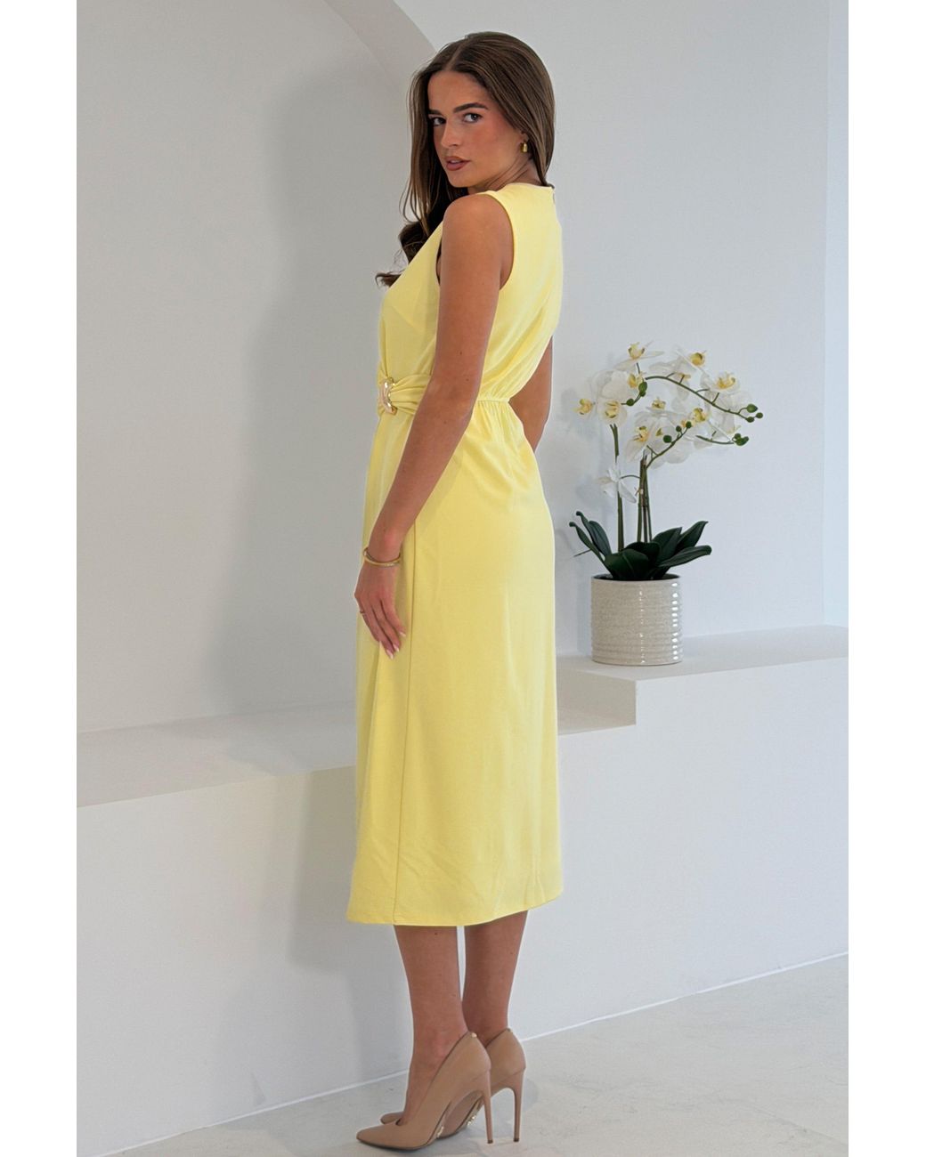 Girl In Mind Yellow Louisa Buckle Wrap Detail Midi Dress