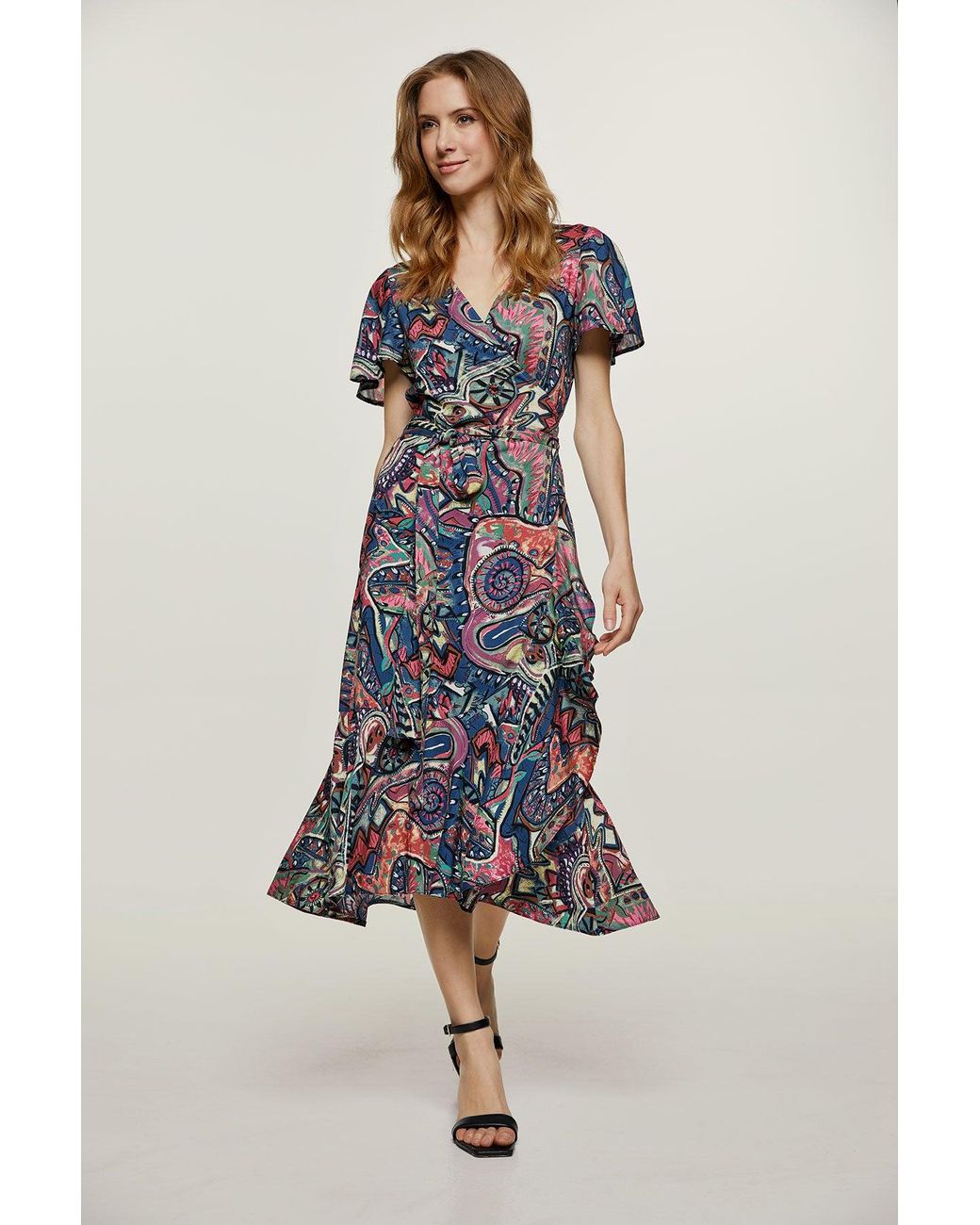 Conquista Blue Print Ruffle Detail Wrap Dress