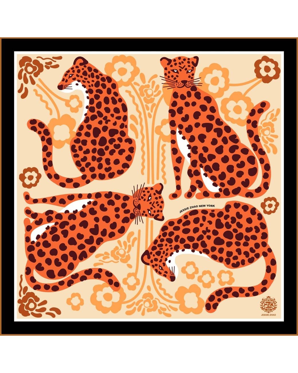 Jessie Zhao New York Brown Silk Bandana Of Leopards With Floral Fountain
