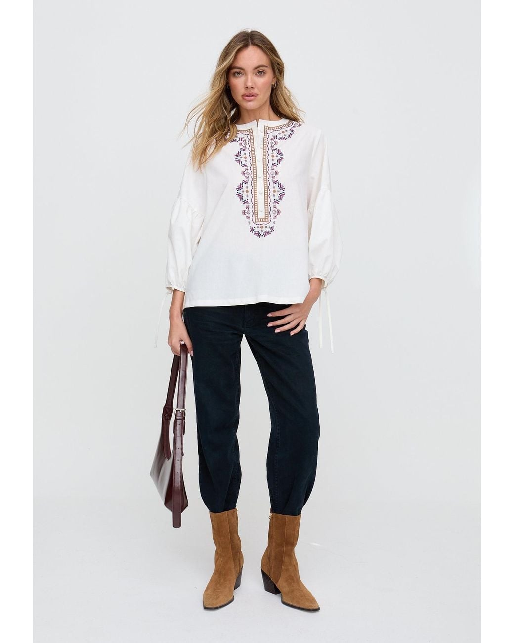 Raffya Natural Anai Half Placket Embroidered Blouse