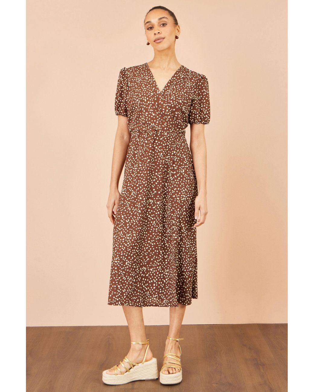 Yumi' Brown Spot Midi Dress With Split Hemline