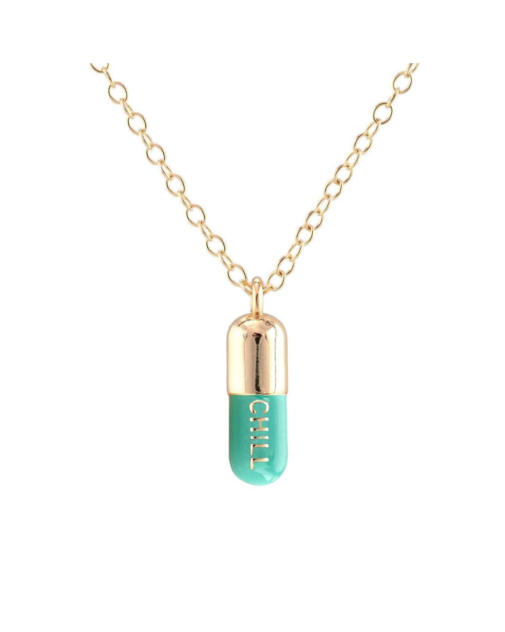 Kris Nations Metallic Chill Pill Enamel Necklace Gold Filled & Turquoise Emamel
