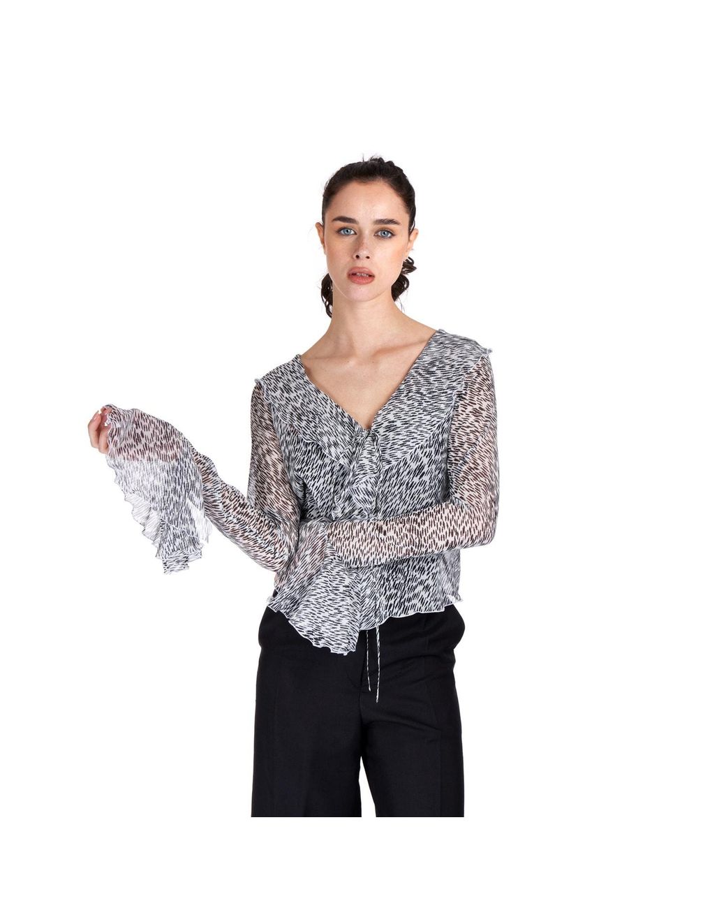 Sofia Tsereteli Gray Semi Transparent Silk Blouse With Print