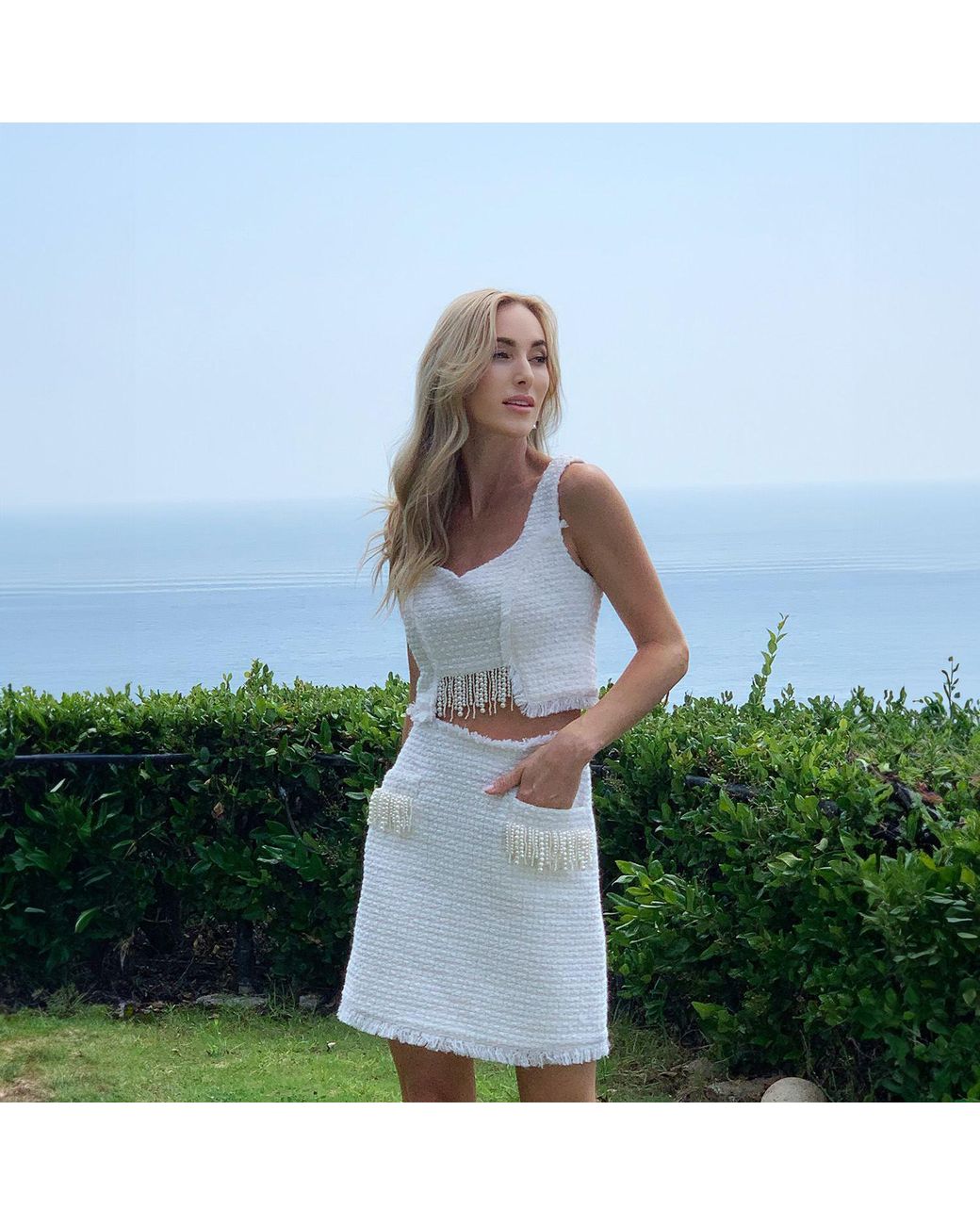 Solgo Atelier White Tia Sleeveless Crop Top Shimmering Tweed Bouclé With Pearl Fringes
