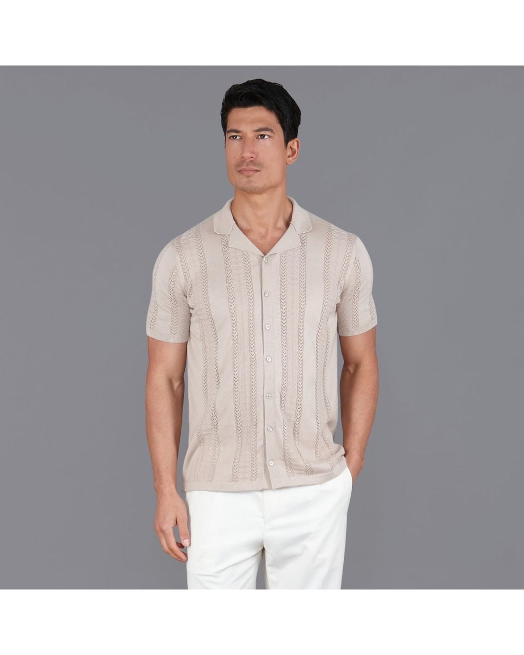 Paul James Knitwear Natural Neutrals Ultra Fine Cotton Santiago Open Knit Cuban Collar Shirt for men