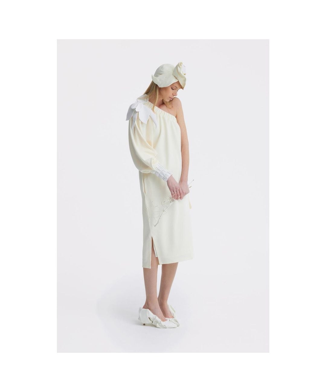 Julia Allert Natural Neutrals Cocktail One-Shoulder Midi Dress Ecru