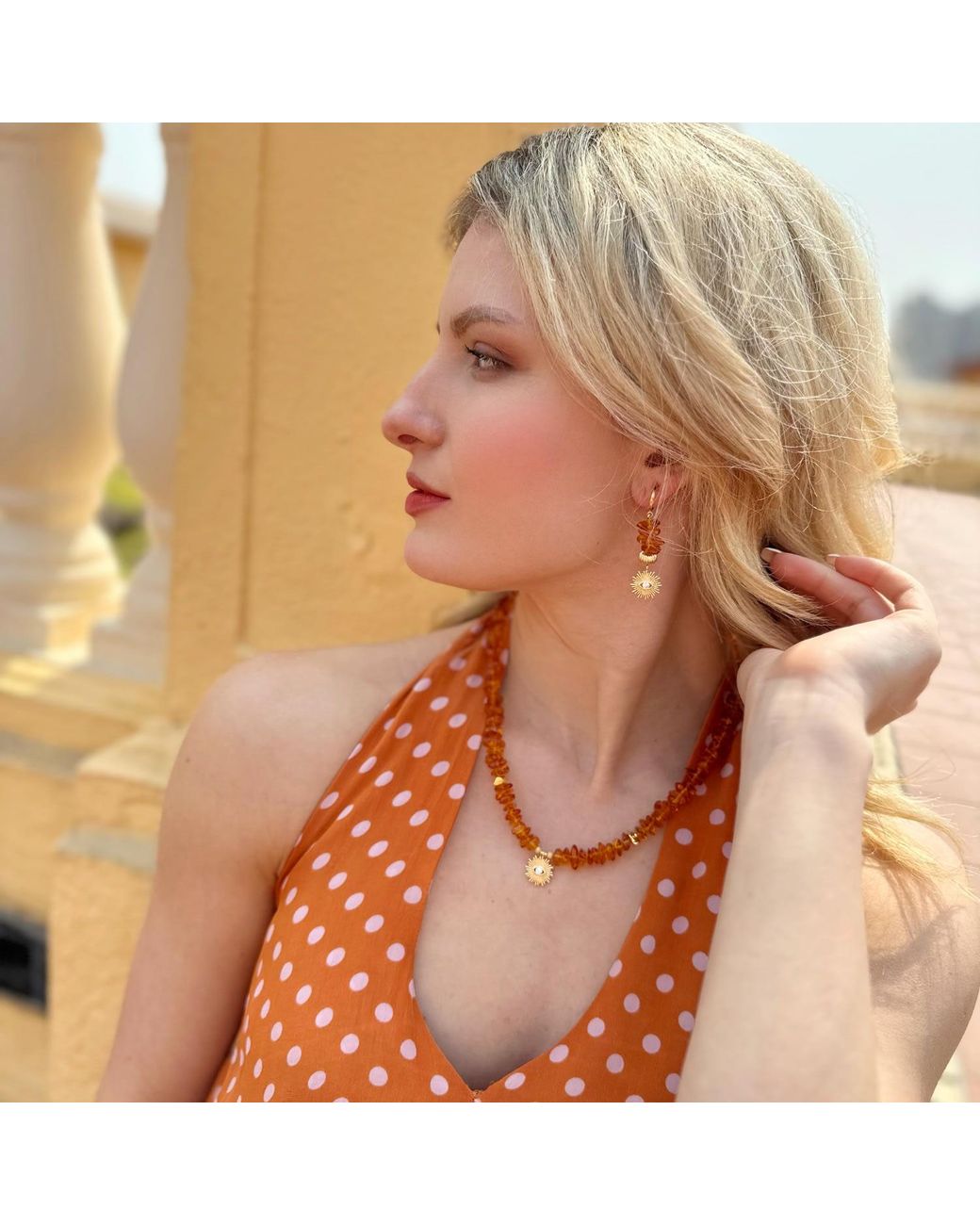 Farra Orange Natural Amber With Evil Eye Pendant Necklace