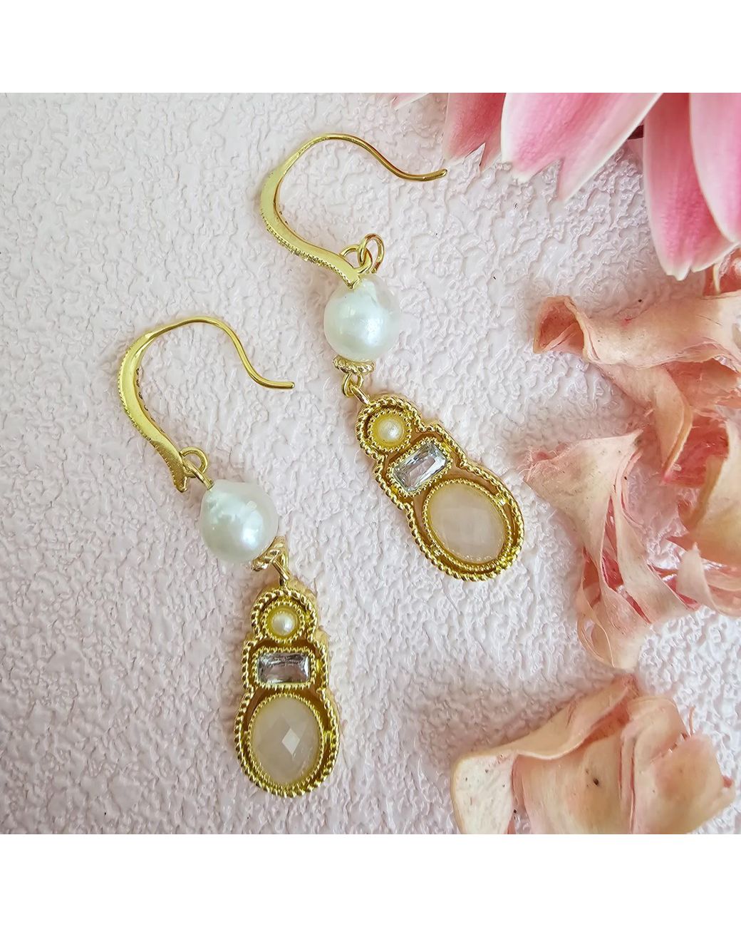 Farra Metallic Bohemian Rose Quartz & Freshwater Pearl Drop Earrings