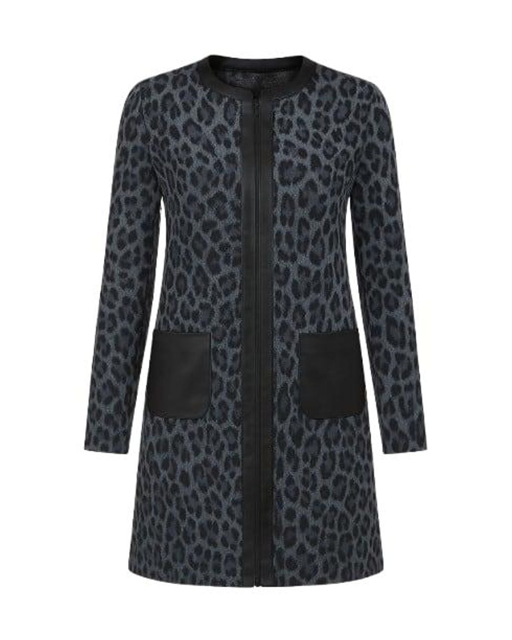 Conquista Black Animal Print Coat With Pleather Detail