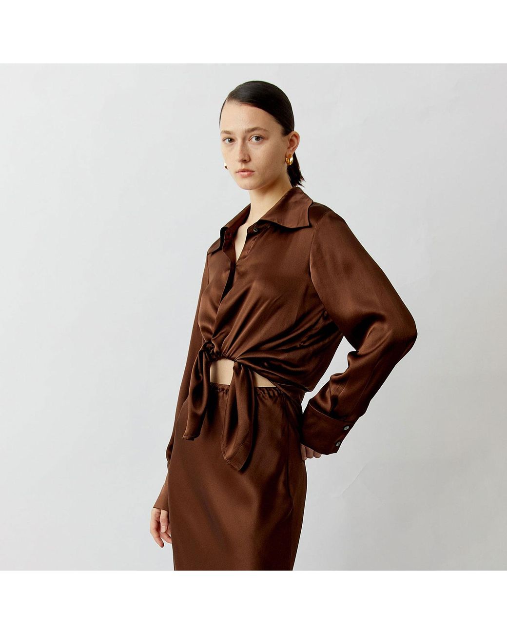 Silkinc Brown Wide Collar Silk Shirt