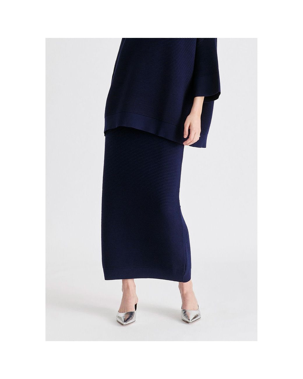 Paisie Blue Ribbed Midi Skirt