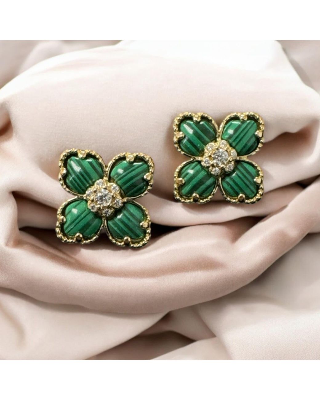 Latelita London Green Flower Clover Malachite Stud Earrings