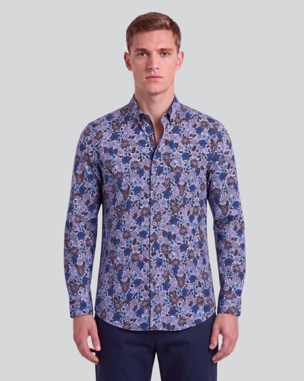 Lords of Harlech Blue Simon Ternberg Floral Brownie Stretch Jersey Long-Sleeve Shirt for men