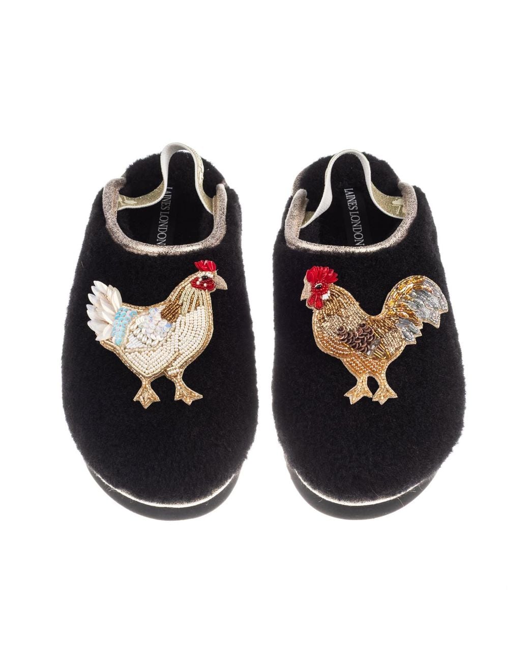Laines London Black Flatform Cloud Closed Toe Slippers With Chicken & Rooster Brooches